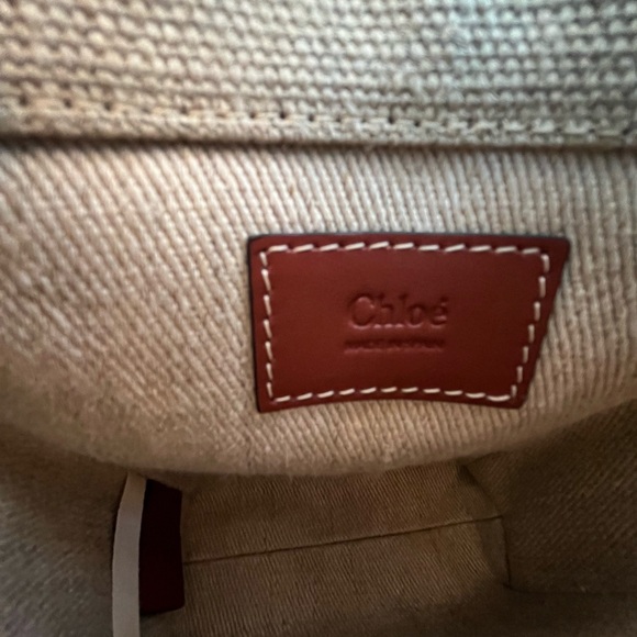 Chloé Mini Woody Linen Canvas North/South Tote- White-Brown - Picture 13 of 15